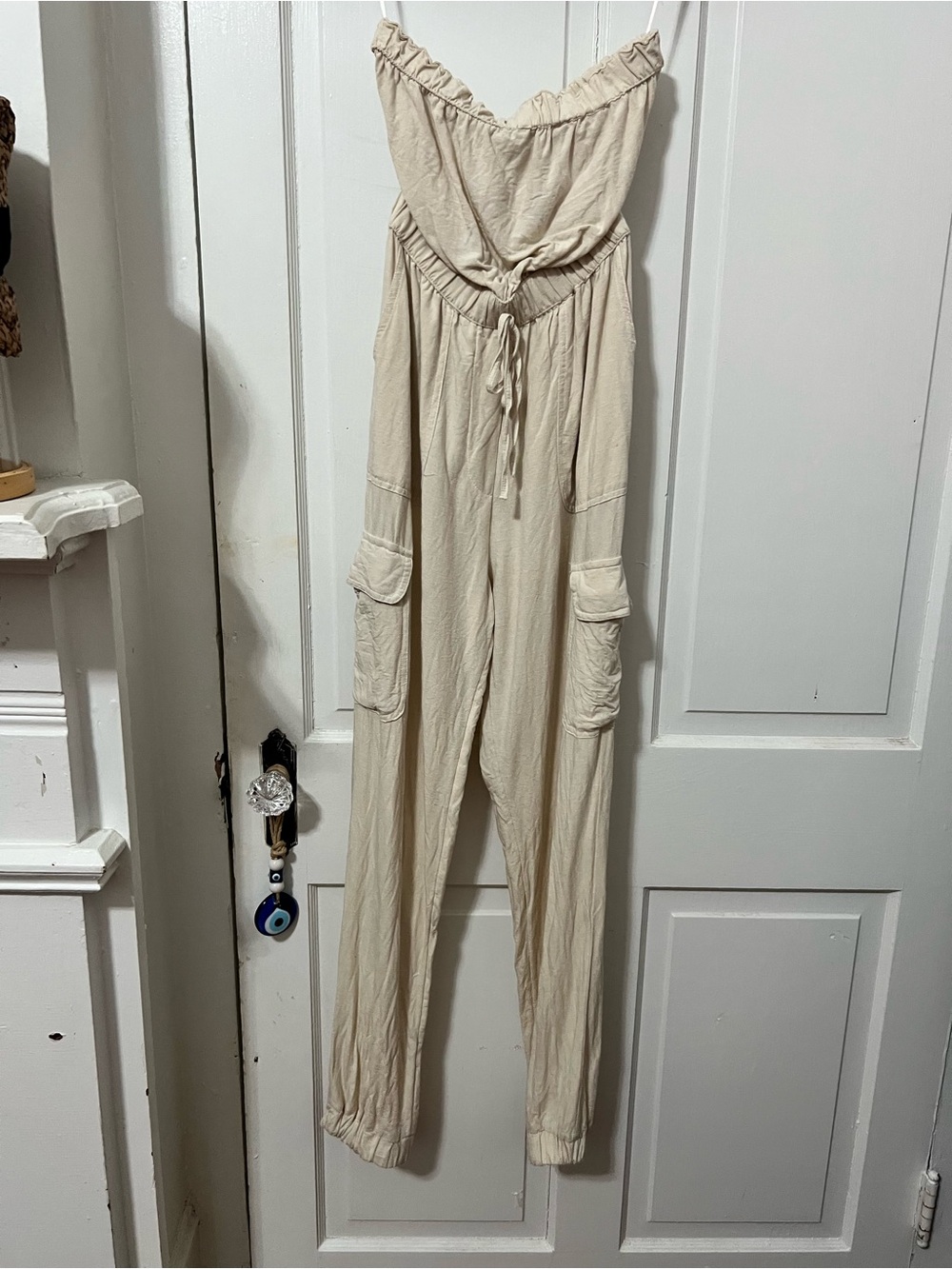 Strapless Cream Cargo Jumpsuit